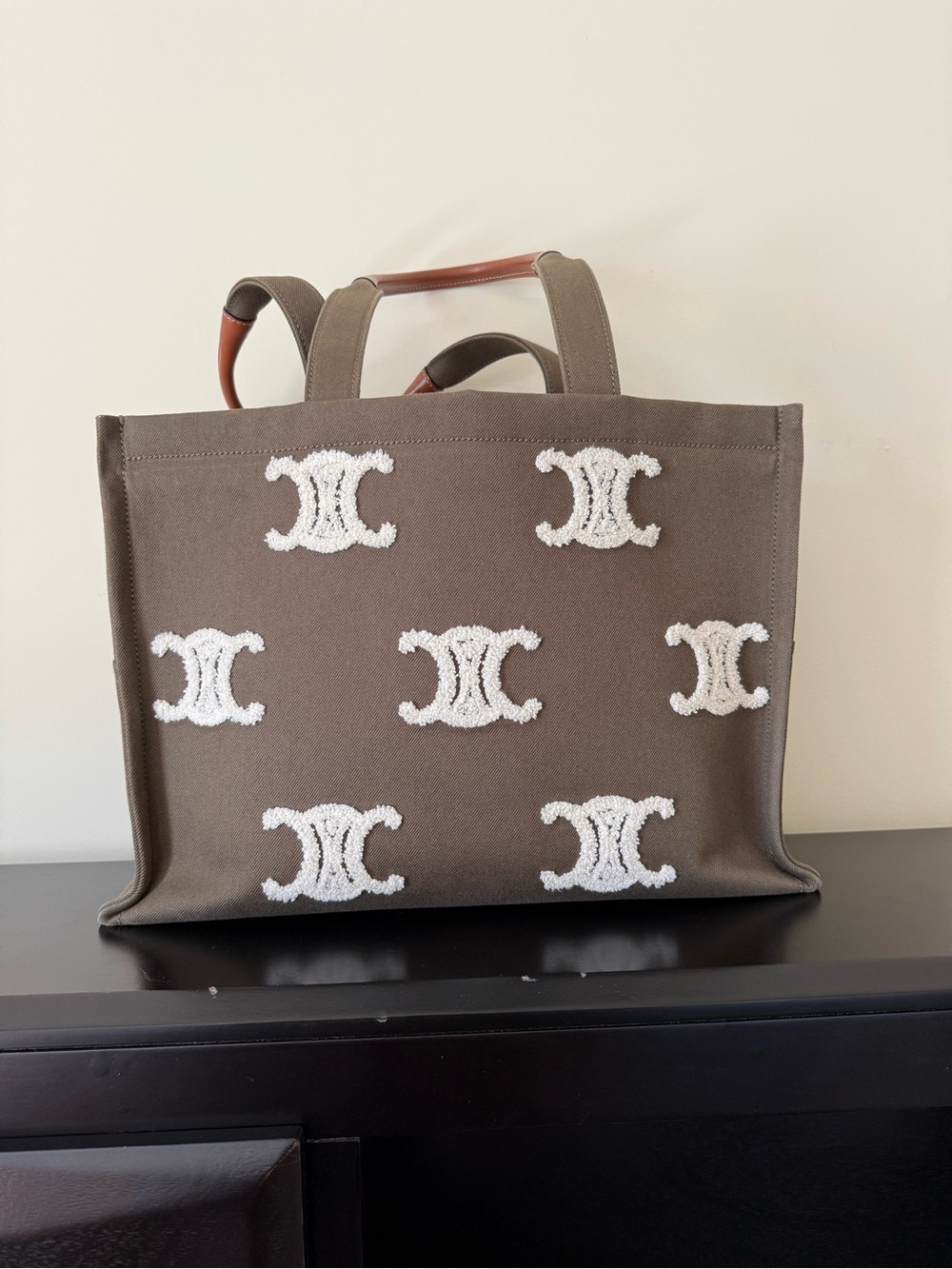Celine Triomphe Cabas Large - Khaki with Cream Motifs - Picture 7 of 11